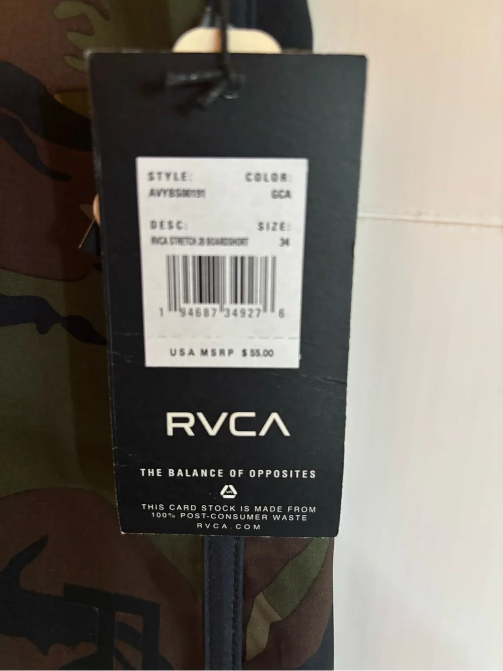 RVCA Men’s Camo Board Shorts Green Brown Black Camo, size 34 NWT